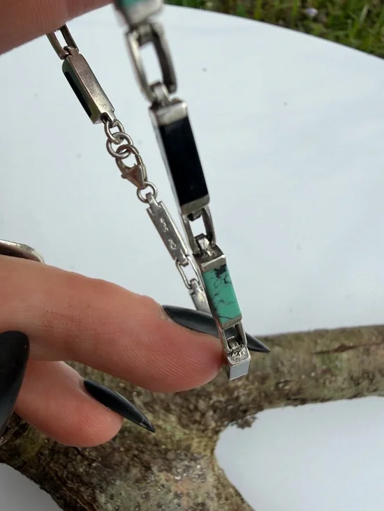 Turquoise and Onyx Stone Sterling Silver Navajo Link Bracelet - Women Jewelry - Picture 2 of 2